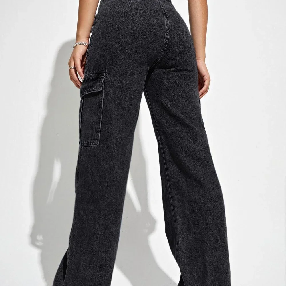 Black Casual Womens High Waist Flap Pocket Side Cargo Jeans - Picture 3 of 5